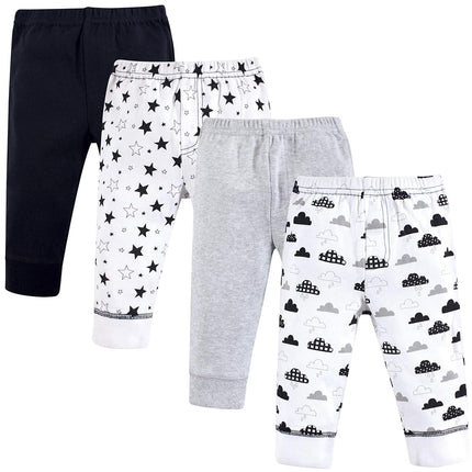 Hudson Baby Pantalones de algodón para bebé, 3, Estrellas y Nubes Paquete de 4, 0-3 Meses (3M)
