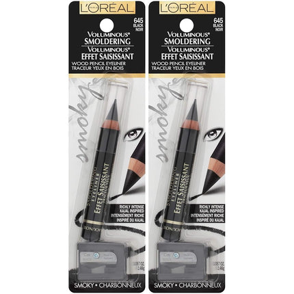 L'Oreal Paris Makeup Voluminous Smoldering Pencil Eyeliner with Custom Sharpener, Kajal Inspired & Richly Intense, Black, 2 Count