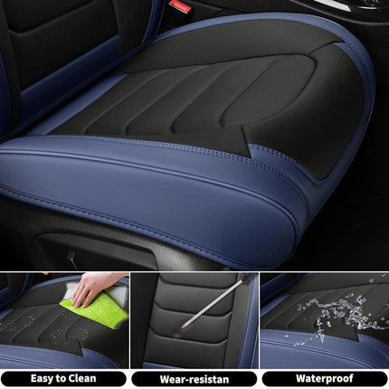 FLORICH Housses de siège complètes, housses de siège en cuir, housses de siège avant et arrière 5 places, accessoires de protection de coussin de siège de voiture étanches pour berline, SUV, pick-up (Bleu et noir, ensemble complet)