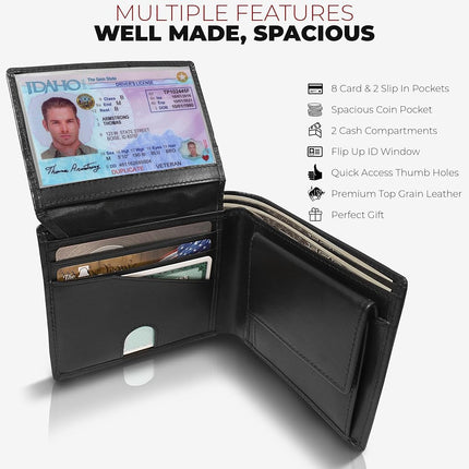 RFID Bifold Leather Wallet For Men with Flip Up ID in Vintage Buffalo Brown, With Coin Pocket - Nappa Black, Classic