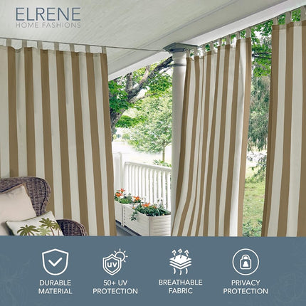 Elrene Home Fashions Highland Stripe Indoor/Outdoor Adhesive Loop Fastener Tab Top Window Curtain Panel for Patio, Pergola, Porch, Deck, Lanai, and Cabana, 50"x84", Natural