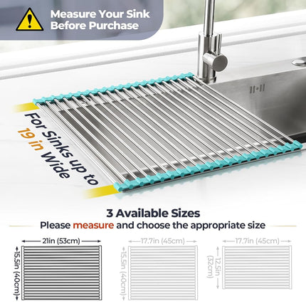 Tomorotec 21" x 15.5" Roll Up Dish Drying Rack Over Sink Drying Rack Sink Cover Kitchen Sink Accessories Gadget Multipurpose Organizer Foldable Stainless Steel Drainer