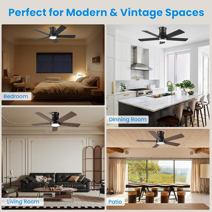Autoday 42 Inch Low Profile Ceiling Fan with Light, Black Flush Mount Ceiling Fans with Lights and Remote, 6 Speeds, Reversible Quiet DC, 3CCT Dimmable, Indoor/Outdoor Ceiling Fans for Patios Bedroom