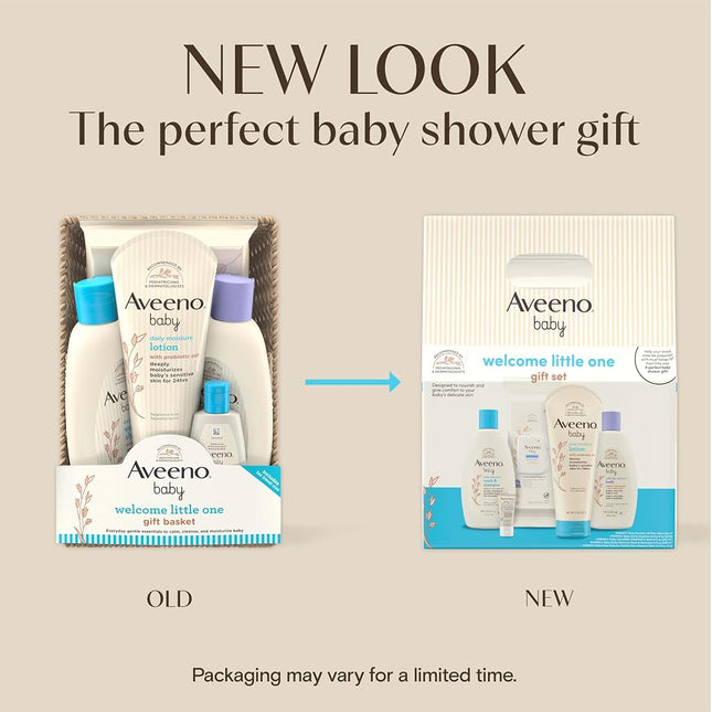 Aveeno Baby Welcome Little One Gift Basket, Baby Skincare Set with Baby Body Wash & Shampoo, Calming Bath Wash, All Over Baby Wipes, & Daily Moisturizing Lotion, 4 Piece Set