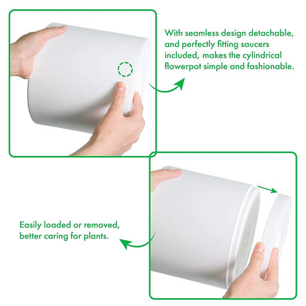 D'vine Dev 8 Inch 10 Inch 12 Inch, Set of 3 Plastic Planter Pots for Plants with Drainage Hole and Seamless Saucers, White Color, X-Large, 74-V-A-5