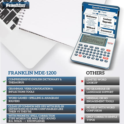 Franklin MDE-1200 Electronic Dictionary and Thesaurus - English Dictionary, Synonyms, Spell Checker, Word Games, Grammar Tools, Digital Dictionary, Portable Device with