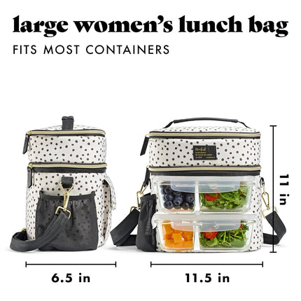 Fit & Fresh Westminster Insulated Lunch Bag Double Compartment for Women, Full Set with 2 Containers, Double Compartment Cooler Bag with Adjustable Strap, Black and White Dots
