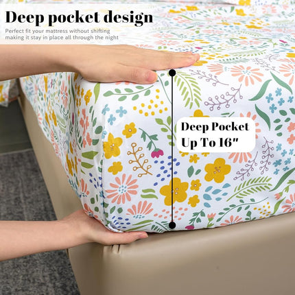 Bedlifes Queen Sheet Set Ultra Soft Breathable Silky Flower Bed Sheets Deep Pocket 100% Microfiber Bedding Sheets 4 Piece Queen Size Floral