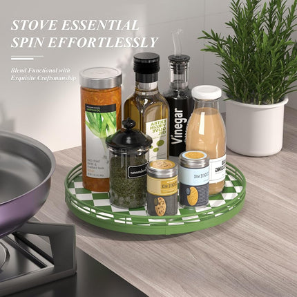 Premium Rubber Wood Lazy Susan Turntable, Green White Checkerboard Decorative Serving Tray, Hand-Welded Metal Railing, Stable Rotating Organizer for Dining Table, Kitchen Counter, Coffee Table Decor