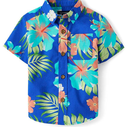 Camisa abotonada de manga corta para niños y bebés de The Children's Place, estampado floral tropical, talla mediana