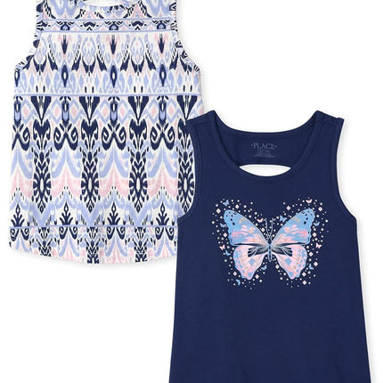 Top sin mangas con espalda cruzada con estampado para niñas de The Children's Place, paquete de 2 de mariposa/ikat, talla pequeña