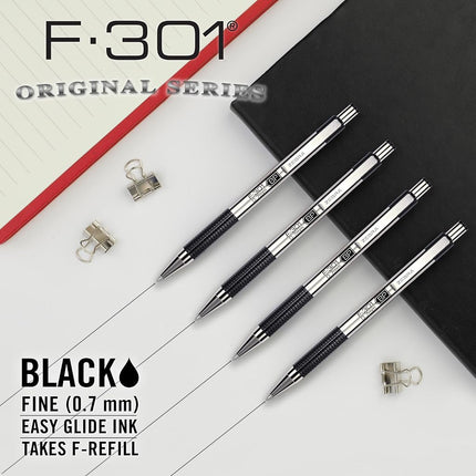 Zebra Pen F-301 Retractable Ballpoint Pen, Stainless Steel Barrel, Fine Point, 0.7mm, Black Ink, 4-Pack (Packaging May Vary)