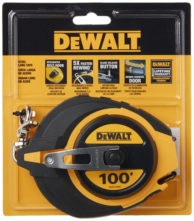Cinta métrica DEWALT, 30,5 m, bloqueo automático, acabado cromado macizo, agarre de goma (DWHT34036L)
