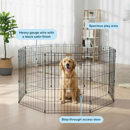 Petmaker Dog Playpen - Foldable Metal Playpen with 8 Panels of 24 x 30 Inch - Indoor and Outdoor with Door for Dogs, Cats or Small Animals