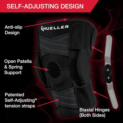 Mueller Sports Medicine Adjustable Hinged Knee Brace, Black/Gray, One Size Fits Most