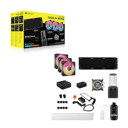CORSAIR iCUE LINK XH505i RX 360 RGB Custom Cooling Kit – XC7 ELITE CPU Water Block, XD6 ELITE Pump Reservoir, 3x RX120 RGB Fans, XR5 360mm Radiator, iCUE LINK System Hub – Black
