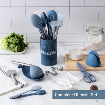 Cook with Color Silicone Cooking Utensils, Kitchen Utensil Set, Easy to Clean Silicone Kitchen Utensils, Cooking Utensils for Nonstick Cookware, Kitchen Gadgets Set, 38 Piece, Blue and White