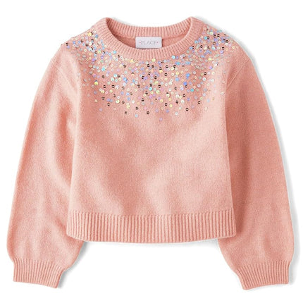 The Children's Place Girls' Long Sleeve Crew Neck Pullover Sweater, Rose Dust Sequin, X-Large