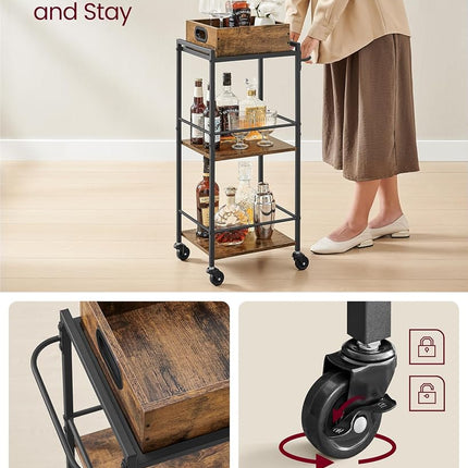 VASAGLE 3-Tier Kitchen Serving Cart with Removable Tray, on Wheels