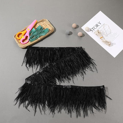SOGUGOM Black Ostrich Feather Trim - 1.5Ply 2Yards 4 Inch Feathers Fringe Ribbons Trim for Sewing, Dress, Craft Projects, Halloween Costumes, Holiday Dance Parties(Black)