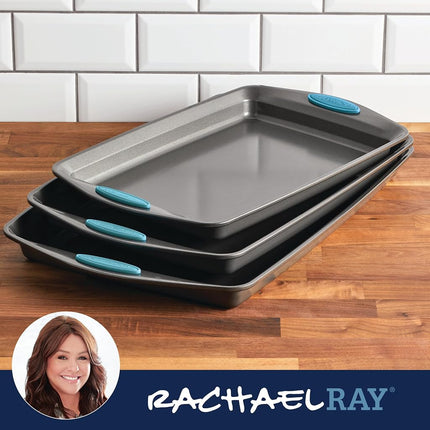 Lot de 3 plaques à pâtisserie antiadhésives Rachael Ray, grises avec poignées bleu agave