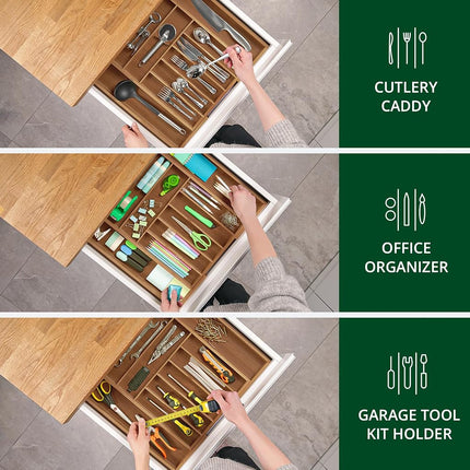 ROYAL CRAFT WOOD Range Couverts Bambou de Luxe - Organisateur de Tiroir de Cuisine - Porte-Ustensiles et Plateau à Couverts avec Séparateurs Rainurés pour Couverts de Table et Ustensiles de Cuisine (9 Compartiments, Bambou Marron)