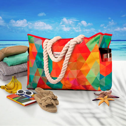 SHYLERO Beach Bag XL. 100% Waterproof (IP64). L22 xH15 xW6 w Cotton Rope Handles, Top Zipper, Extra Outside Pocket. Beach Tote Has Waterproof Phone Case, Built-in Key Holder, Bottle Opener (Rainbow)