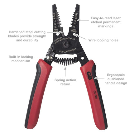 Gardner Bender GS-360 Electrical Wire Stripper & Lock Tool, Comfort Grip, Solid & Stranded Wire, 10-20 AWG,Red