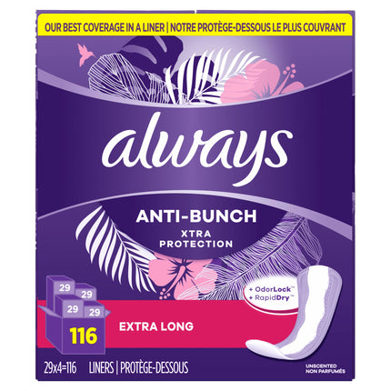 Always, Toallas Higiénicas Diarias Xtra Protection de Anti-Bunch para Mujeres, Largas, 116 Unidades en Total (4 Paquetes de 29 Unidades)