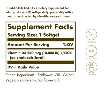 Solgar Vitamin D3 Cholecalciferol 250 MCG 10000 IU Softgels Helps Maintain Healthy Bones Teeth Immune System Support Non GMO Gluten Free Dairy Free Servings, 180 Count