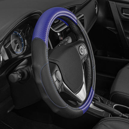 BDK GripDrive Blue Carbon Fiber Steering Wheel Cover, Standard 15 inch Size, Black Faux Leather Comfort Grip, Car Steering Wheel Cover for Auto Truck Van SUV