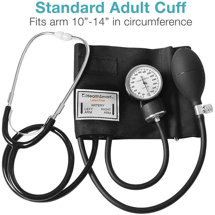 HealthSmart Manual Blood Pressure Monitor for Adult Upper Arm, Standard Cuff Size 10-14 inches with Attached Stethoscope, Black