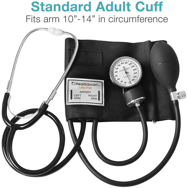 HealthSmart Manual Blood Pressure Monitor for Adult Upper Arm, Standard Cuff Size 10-14 inches with Attached Stethoscope, Black
