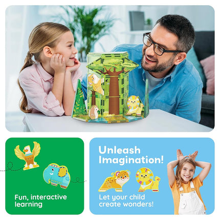 PicassoTiles 46pc Magnet Tile Building Block Safari Themed Set with 8 Compatible Magnetized Animal Action Figures Build Blocks Toddler Creativity Toys STEAM Educational Learning Skills Ages 3+ PTQ12