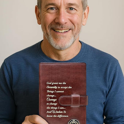 Galileo® Double AA Big Book Cover & 12 Steps & 12 Traditions | AA Gift | Alcoholics Anonymous (Serenity Prayer/Coin Pocket/Brown)