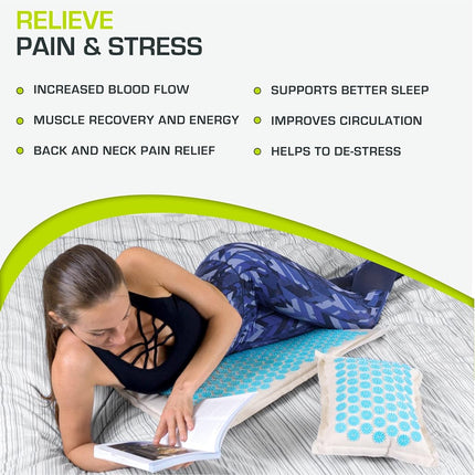 ProsourceFit Ki Acupressure Mat and Pillow Set with 100% Natural Linen and Coconut Fiber Filling; Spike Mat for Back and Neck Pain Relief, Muscle Relaxation, and Stress Relief, Natural Aqua