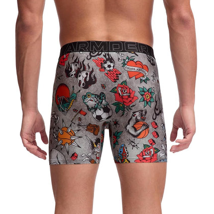 Under Armour Men's Performance Tech Mesh Print Singles, 6" Inseam Boxer Brief, Black/Grey, M