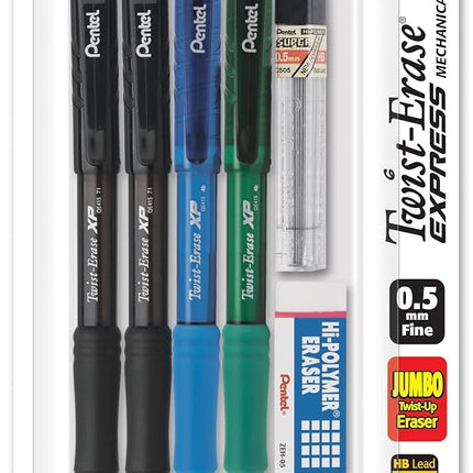 Pentel Twist-Erase Express Mechanical Pencil, 0.5mm, Assorted Barrel Colors (QE415LZBP4), 4 pack