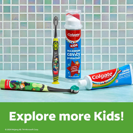Colgate Kids Battery Powered Minecraft Toothbrush, Extra Soft Kids Battery Toothbrush with 1 AA Battery Included, Made for Ages 3 and Up, Features Easy On and Off Switch, Flat Lay Handle, 1 Count