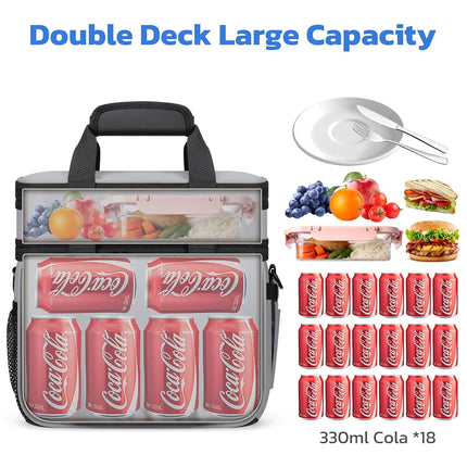 Maelstrom Lunch Box, 20L Insulated Lunch Bag for Men Women, Expandable Double Deck Leakproof Cooler Bag with 6 Pockets, Reusable Lunch Tote Bag for Work, Picnic, Travel, Grey