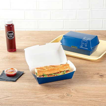 Bio Tek 6.7 x 3.5 x 3.5 Inch Clamshell Food Containers, 100 Disposable Sandwich Containers - Hinged Lid, Tab-Lock Closure, Frenchie Paper Hot Dog Containers, Greaseproof - Restaurantware