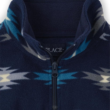 The Children's Place Boys' Long Sleeve Cozy Microfleece Half Zip Jacket Seasonal, Blue Aztec, Large