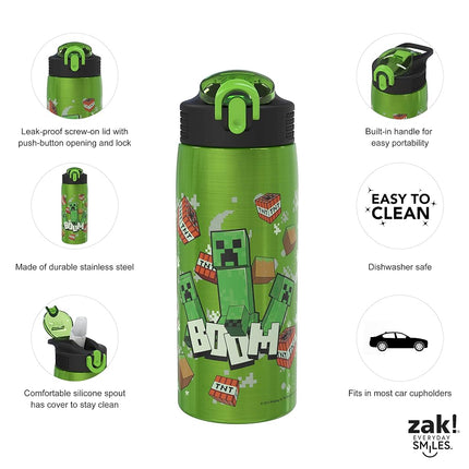 Zak Designs Minecraft Water Bottle for Travel and at Home, 19 oz Vacuum Insulated Stainless Steel with Locking Spout Cover, Built-in Carrying Loop, Leak-Proof Design (Creeper)