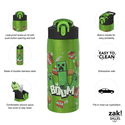 Botella de agua de Minecraft de Zak Designs para viajes y para casa, acero inoxidable con aislamiento al vacío de 530 ml con tapa de boquilla de seguridad, asa de transporte integrada, diseño a prueba de fugas (Creeper)