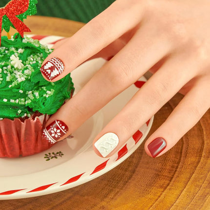 KISS imPRESS Holiday Press On Nails, ‘Feelin' Festive’, Red, Short Squoval, 3D Effect, Improved Super Hold Adhesive, 30 Fake Nails, Prep Pad, Mini Nail File, & Manicure Stick
