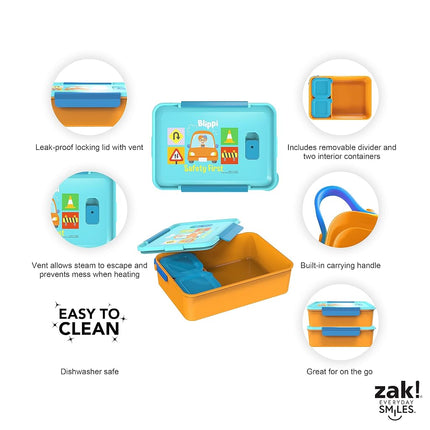 Zak Designs Blippi Reusable Plastic Bento Box with Leak-Proof Seal, Carrying Handle, Microwave Steam Vent, and Individual Containers for Kids' Packed Lunch (3-Piece Set)