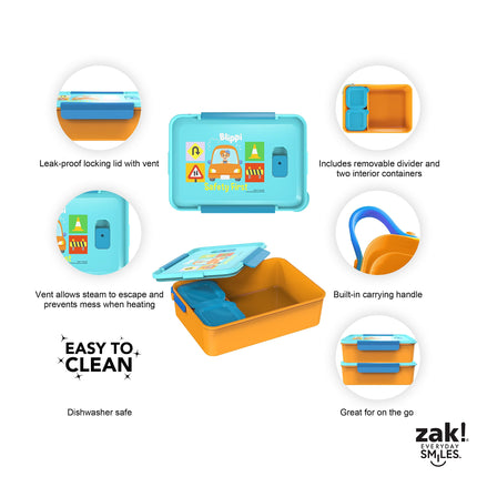 Fiambrera Bento de plástico reutilizable de Zak Designs Blippi con cierre hermético, asa de transporte, válvula de vapor para microondas y recipientes individuales para el almuerzo empaquetado de niños (set de 3 piezas)