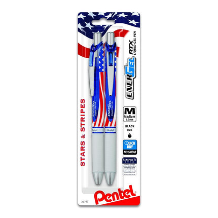 Pentel EnerGel RTX Retractable Liquid Gel Pen, Flag Barrel, Black Ink, 2-Pk (BL77USABP2A)