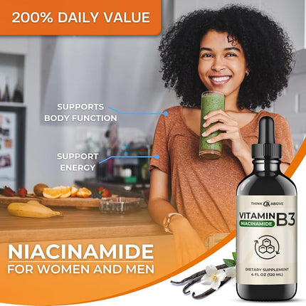 Liquid Vitamin B3 (as Niacinamide) Supplement - Non Flush Form of Niacin - Fast Absorption -Convenient Niacin Drops for Women and Men - 4 oz (120ml )