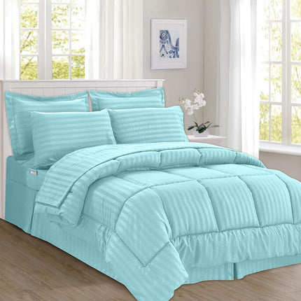 Elegant Comfort Sedoso Suave Juego de Edredón de 8 Piezas con Rayas Dobby, incluye Juego de Sábanas Inteligentes de 4 piezas, Cubre Canapé, Edredón, Fundas de Almohada y Fundas Decorativas a juego - Twin/Twin XL, Azul Claro